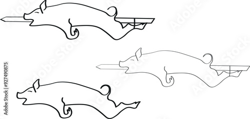 Roast suckling pig on iron, Vector drawing, logo.