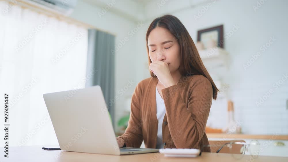 Office syndrome. Overworked tired young asian woman feeling headache, having eyesight problem after computer laptop work. Stressed young woman suffering from fatigue at home Office syndrome. Overworked tired young asian woman feeling headache, having eyesight problem after computer laptop work. Stressed young woman suffering from fatigue at home