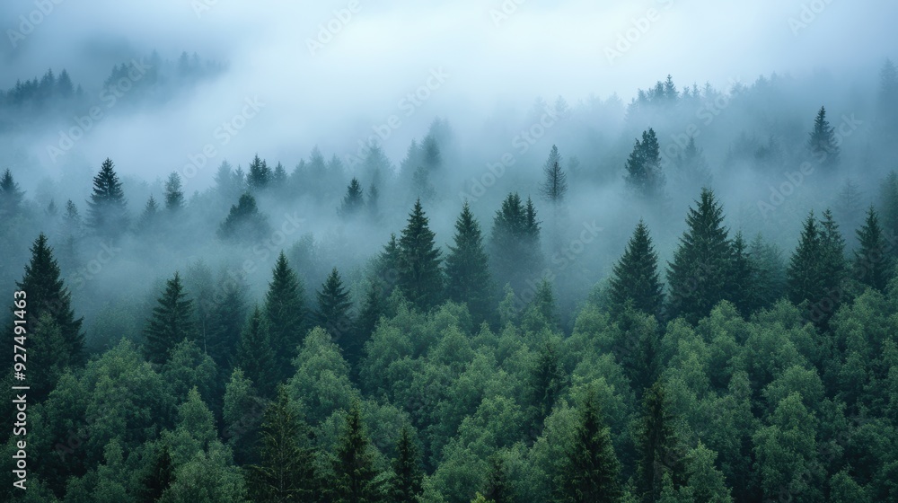 Serene Morning Atmosphere with Low Clouds Blanketing Forest Trees Serene Morning Atmosphere with Low Clouds Blanketing Forest Trees