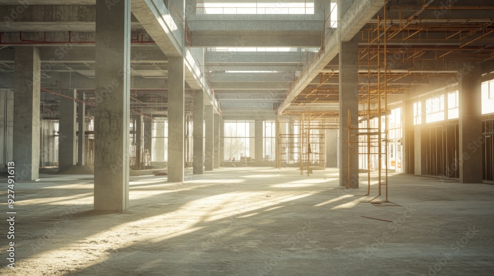 An empty, under-construction building interior with exposed columns, beams, and unfinished floors, illuminated by natural light streaming through the windows. An empty, under-construction building interior with exposed columns, beams, and unfinished floors, illuminated by natural light streaming through the windows.