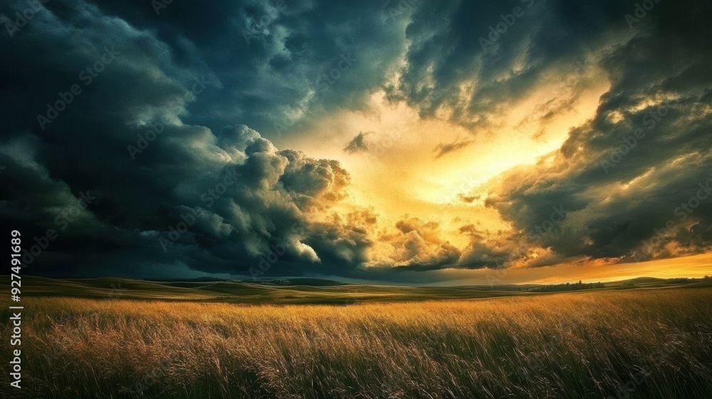 Moody Stormy Sky Over Peaceful Field - Dramatic Nature Landscape with Clouds, Rural Scenery, Weather Contrast Moody Stormy Sky Over Peaceful Field - Dramatic Nature Landscape with Clouds, Rural Scenery, Weather Contrast