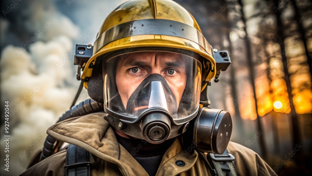 Close-up of a firefighter's protective mask with reflective visor and oxygen tank, worn and weathered from battling intense flames and smoke-filled environments. Close-up of a firefighter's protective mask with reflective visor and oxygen tank, worn and weathered from battling intense flames and smoke-filled environments.