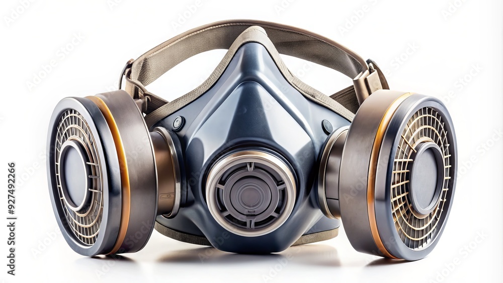 Close-up of a half-face respirator mask with exhalation valve and straps, isolated on a white background, emphasizing safety in construction and industrial environments. Close-up of a half-face respirator mask with exhalation valve and straps, isolated on a white background, emphasizing safety in construction and industrial environments.