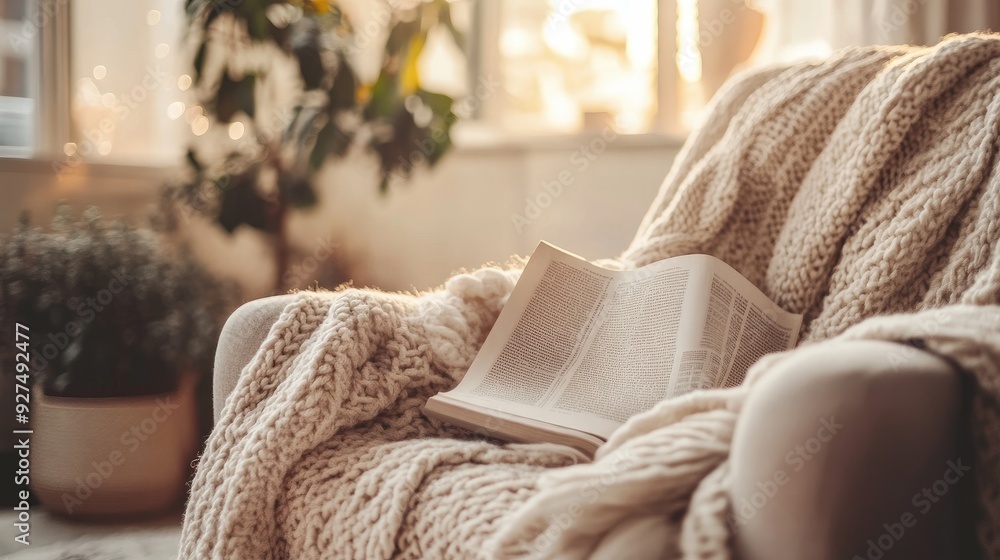 Newspaper on a comfortable armchair with a soft throw blanket and a cozy, homey background Newspaper on a comfortable armchair with a soft throw blanket and a cozy, homey background