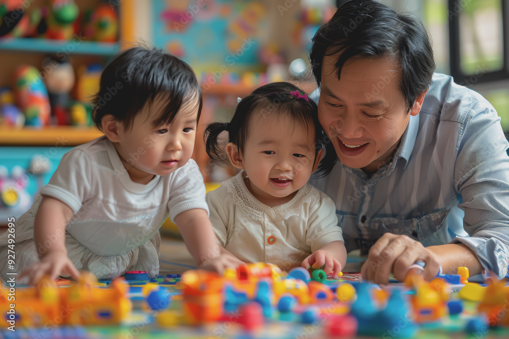 A father happily teaches his children to play with toys inside the house. A father happily teaches his children to play with toys inside the house.