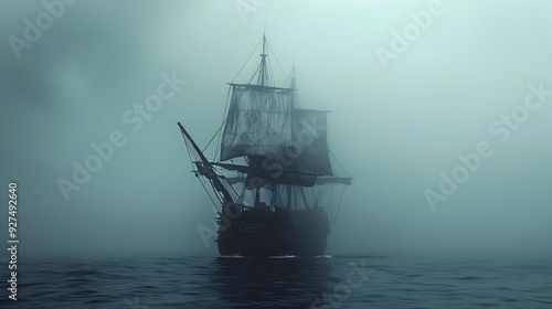 Ghostly Ship Sailing Through Misty Sea Tattered Sails Evoking Eerie Supernatural Legend