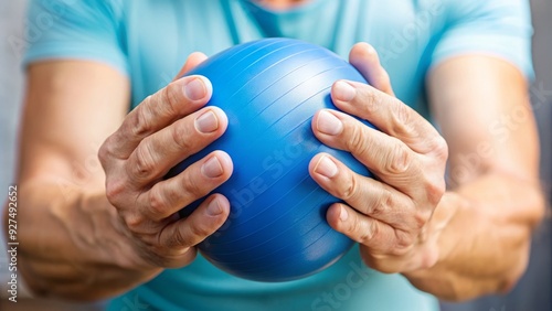 Close-up of a person's hand gripping a small exercise ball, fingers flexing and releasing, illustrating hand strengthening and flexibility exercises.