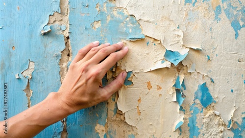 Close-up of a person's hand scratching a worn, cream-colored wall with peeling paint, revealing a deeper layer of faded blue beneath the surface. photo