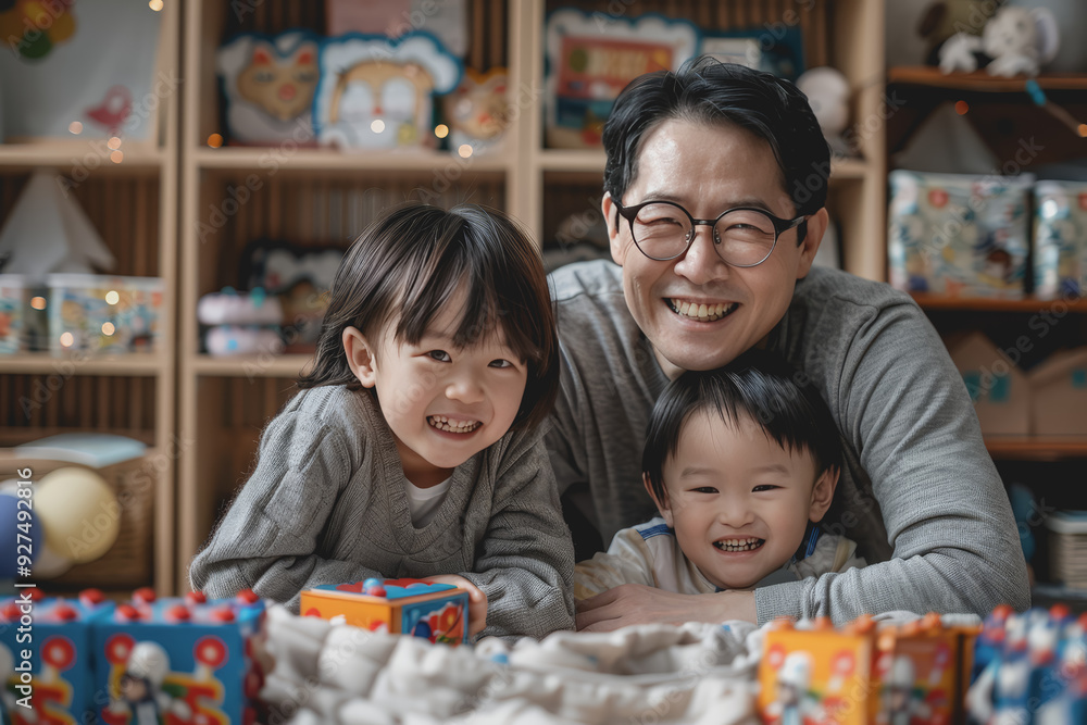 A father happily teaches his children to play with toys inside the house. A father happily teaches his children to play with toys inside the house.