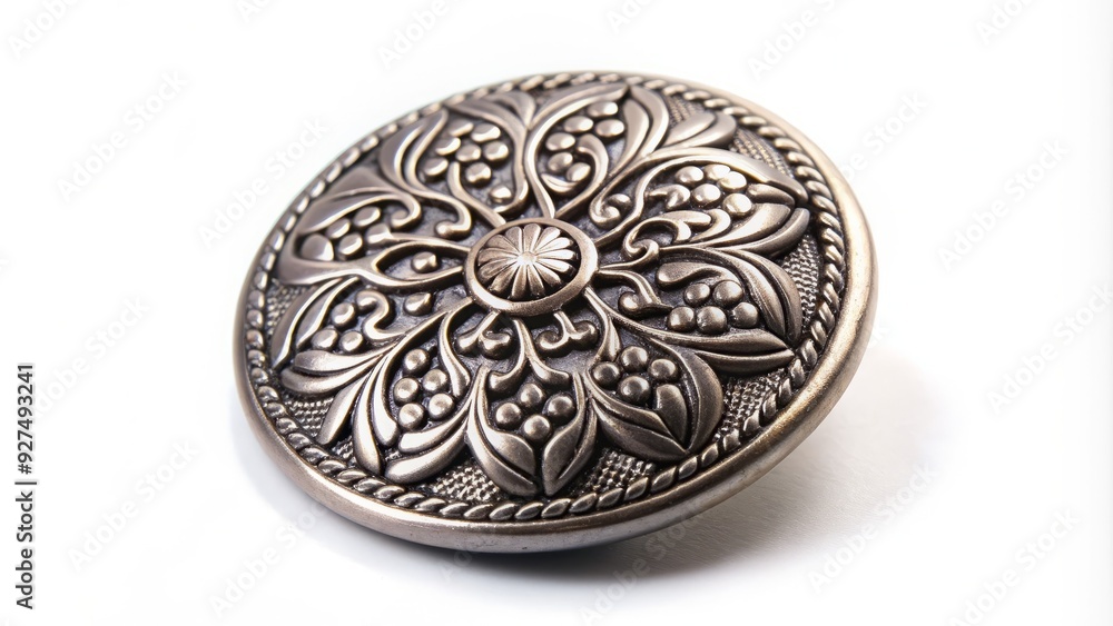 Close-up of a sleek metallic button with intricate designs and textures, cast in silver tone, isolated on a clean white background. Close-up of a sleek metallic button with intricate designs and textures, cast in silver tone, isolated on a clean white background.