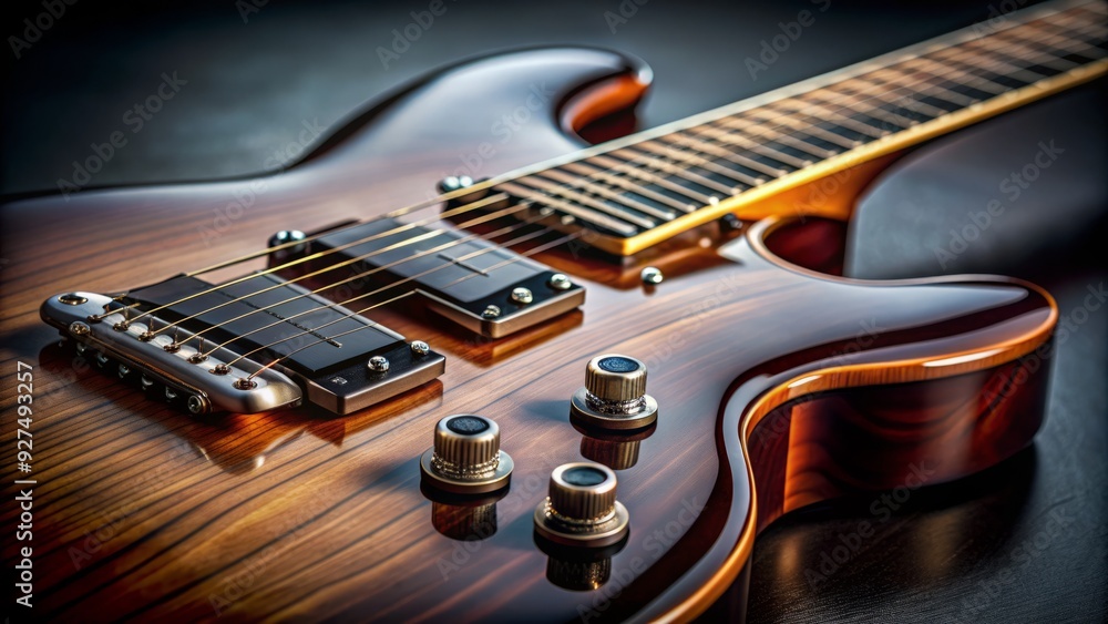 Fototapeta premium Close-up of a sleek electric guitar's body, showcasing intricate details of the fretboard, tuning pegs, and pickups against a dark, blurred background.
