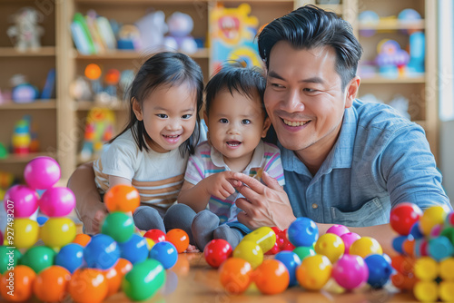 A father happily teaches his children to play with toys inside the house.