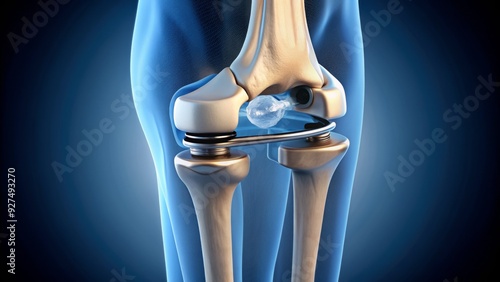 Close-up of a surgically implanted metal and plastic total knee replacement joint, highlighting the artificial components and their precise alignment in the human leg. photo