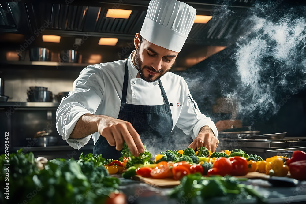 Male chef preparing vegetable vegetarian dish at a professional kitchen Male chef preparing vegetable vegetarian dish at a professional kitchen