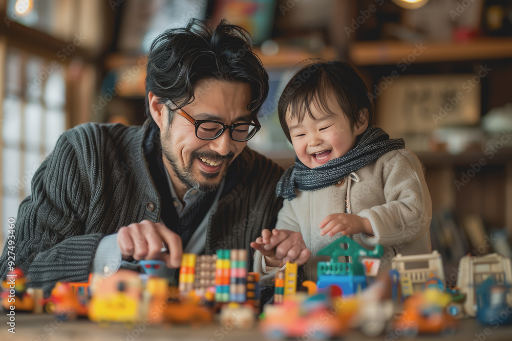 Fototapeta premium A father happily teaches his children to play with toys inside the house.