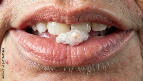 Close-up of a white patch on the inside of the cheek, a common symptom of leukoplakia, a premalignant oral lesion requiring medical attention and diagnostic testing. photo