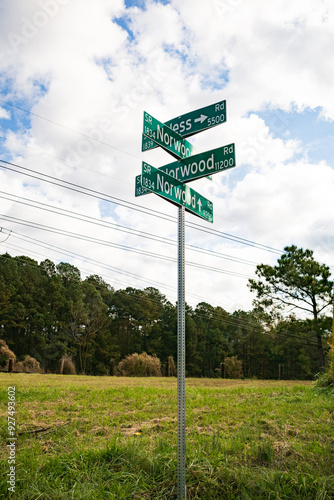 Confusing road signs against a cloudy sky in Raleigh, North Carolina photo