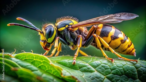 Close-up of a yellow and black hornet perched on a green leaf, its transparent wings folded, and its stinger poised, ready to strike. photo