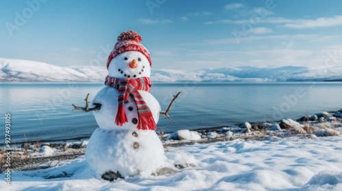 Cheerful Snowman by the Winter Lake