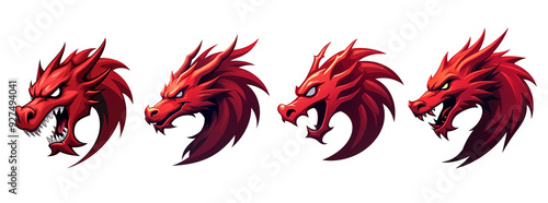 Red dragon set vector illustration isolated on transparent background 
