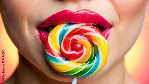 CLOSE-UP OF ROsy lips wrapped around a colorful lollipop, sweet treats and childhood memories captured in a bright, playful, and nostalgic photo. photo