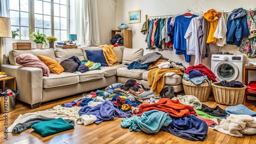 Cluttered and messy living room with dirty laundry, broken appliances, and scattered trash, conveying feelings of chaos, stress, and overwhelming household responsibilities. photo