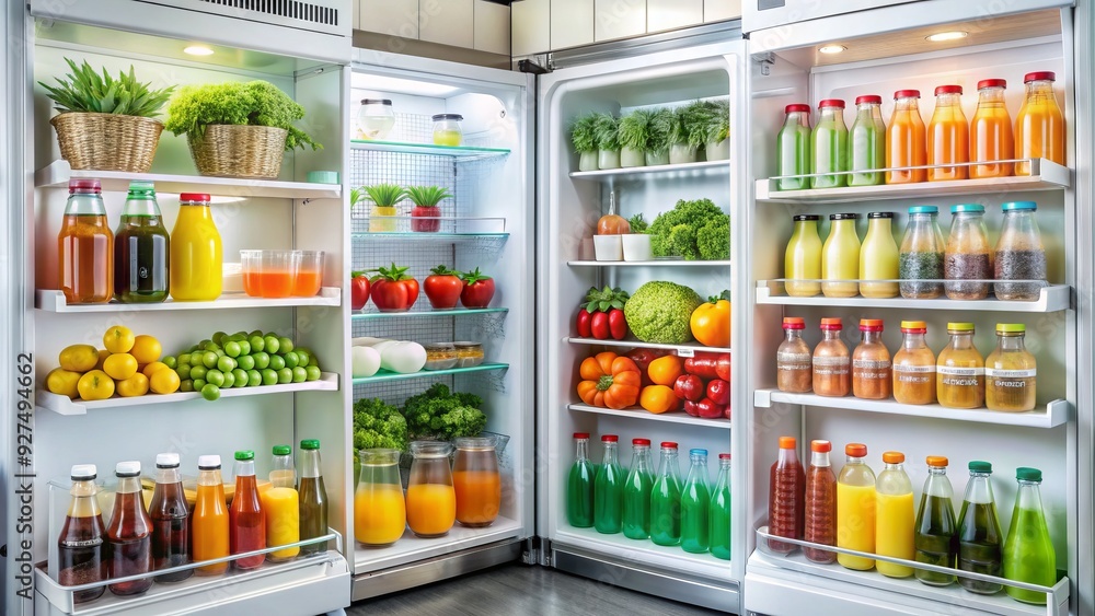 Cold beverages, including soda, water, and juice, chill alongside fresh food in the doors and shelves of a modern, well-organized refrigerator. Cold beverages, including soda, water, and juice, chill alongside fresh food in the doors and shelves of a modern, well-organized refrigerator.