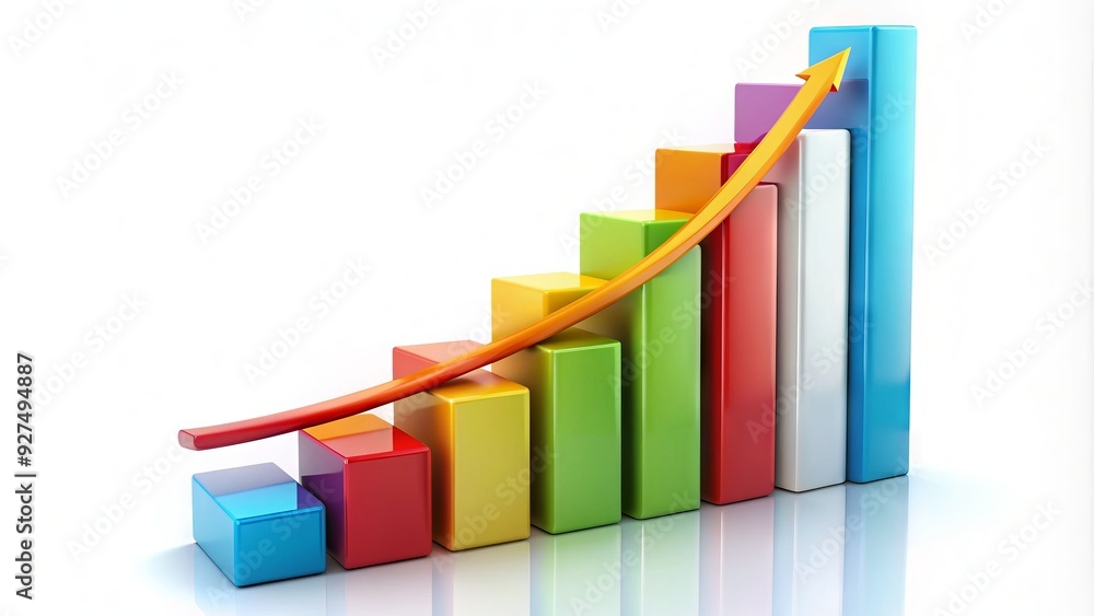 Colorful 3D bar graph ascending on a white background, representing business growth, finance, and success, with sleek lines and modern design elements. Colorful 3D bar graph ascending on a white background, representing business growth, finance, and success, with sleek lines and modern design elements.