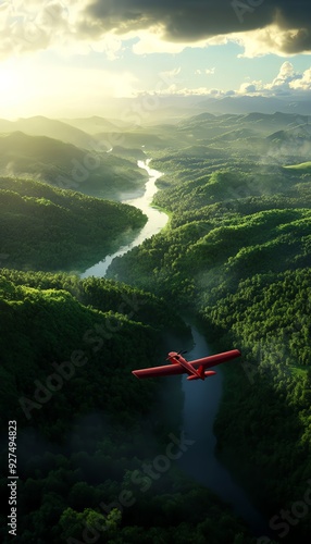 Wallpaper Mural View of Red plane flying over a valley with a river. Torontodigital.ca