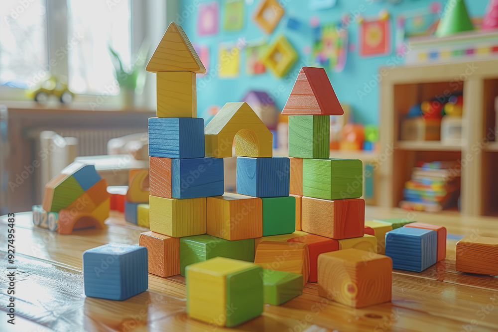 Fototapeta premium Colorful wooden toy blocks are on a wooden table in the room where children are playing.