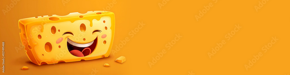On an orange isolated background, a cheerful animated cheese character with eyes and a smile. The concept of proper, healthy and fun eating. Banner, place for text On an orange isolated background, a cheerful animated cheese character with eyes and a smile. The concept of proper, healthy and fun eating. Banner, place for text