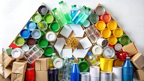 Colorful arrangement of recyclable materials such as plastic bottles, metal cans, and cardboard boxes, forming a geometric pattern on a white background. photo