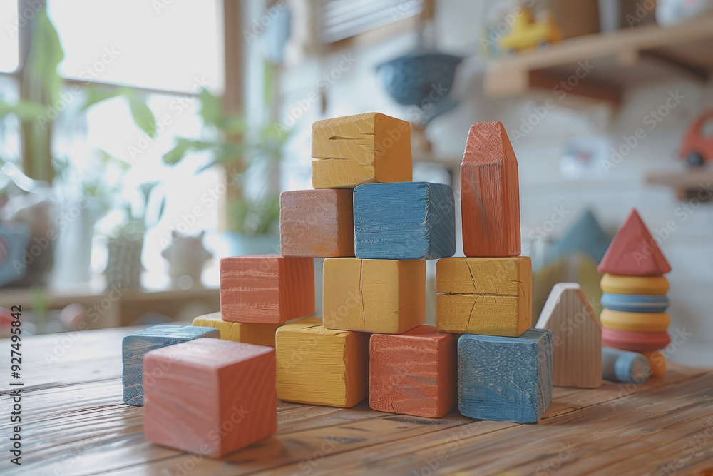 Colorful wooden toy blocks are on a wooden table in the room where children are playing. Colorful wooden toy blocks are on a wooden table in the room where children are playing.