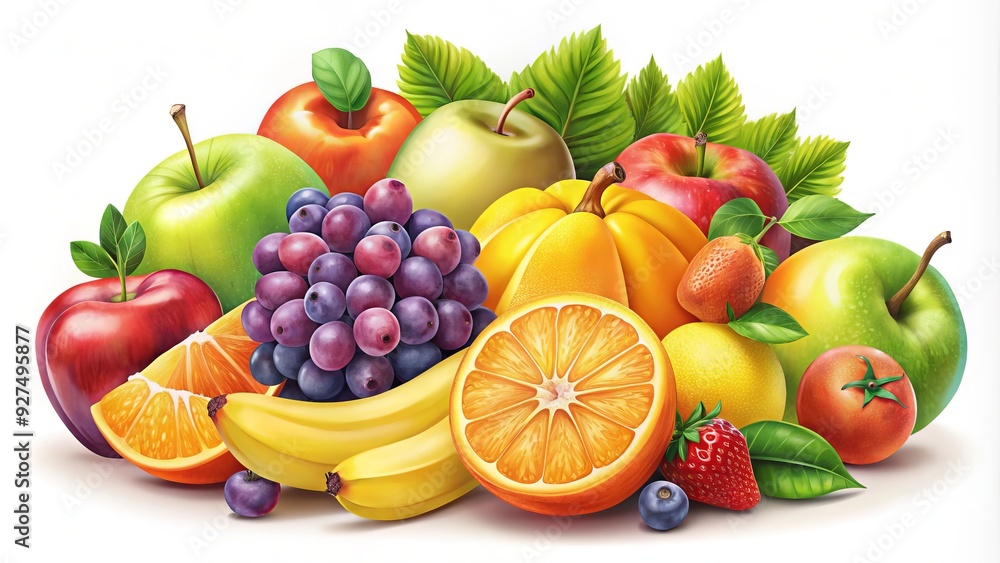 Colorful array of stylized fruit illustrations, including apples, bananas, grapes, and oranges, against a bright white background with subtle texture and gentle shading. Colorful array of stylized fruit illustrations, including apples, bananas, grapes, and oranges, against a bright white background with subtle texture and gentle shading.