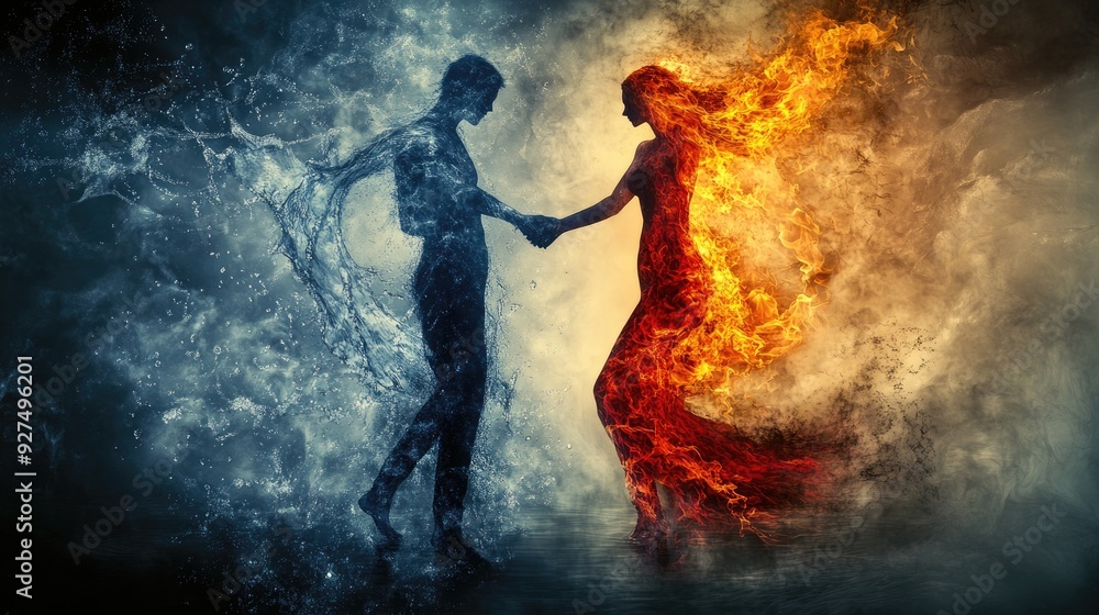 A conceptual image of a woman formed from flames and a man shaped by water, holding hands in a symbolic dance of opposing forces, with a background blending both elements A conceptual image of a woman formed from flames and a man shaped by water, holding hands in a symbolic dance of opposing forces, with a background blending both elements