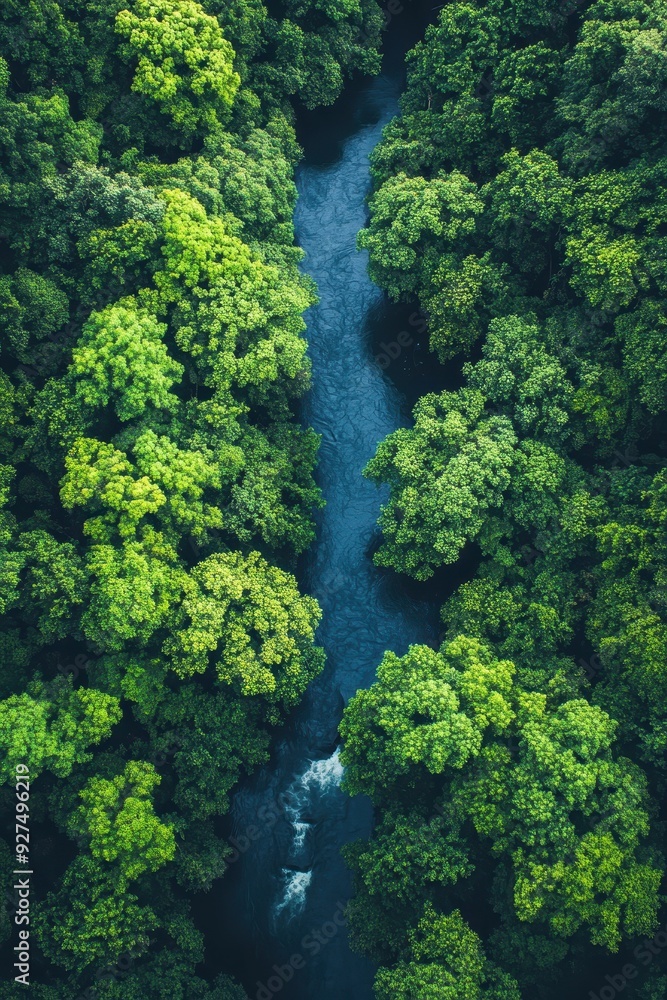 Aerial View of Lush Green Forest with Serene River Flowing Through Dense Trees Aerial View of Lush Green Forest with Serene River Flowing Through Dense Trees