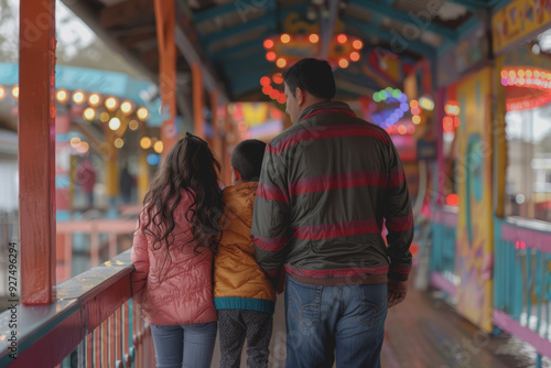 Father and mother take their children to a fun park on Children's Day.