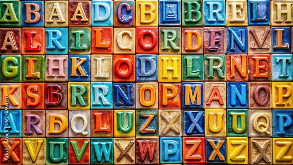 Colorful ceramic tiles with raised glossy letters of the alphabet, arranged in a random pattern, creating a vibrant and playful background for educational or design themes. Colorful ceramic tiles with raised glossy letters of the alphabet, arranged in a random pattern, creating a vibrant and playful background for educational or design themes.