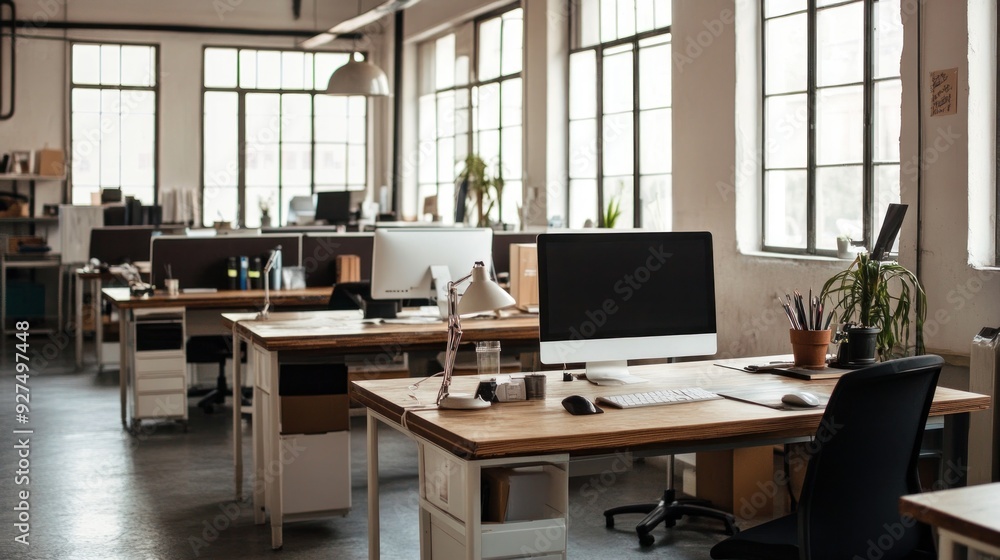 A spacious, well-lit office with wooden desks, computers, ergonomic chairs, and potted plants, reflecting a modern, open-plan workspace design with a casual feel. A spacious, well-lit office with wooden desks, computers, ergonomic chairs, and potted plants, reflecting a modern, open-plan workspace design with a casual feel.