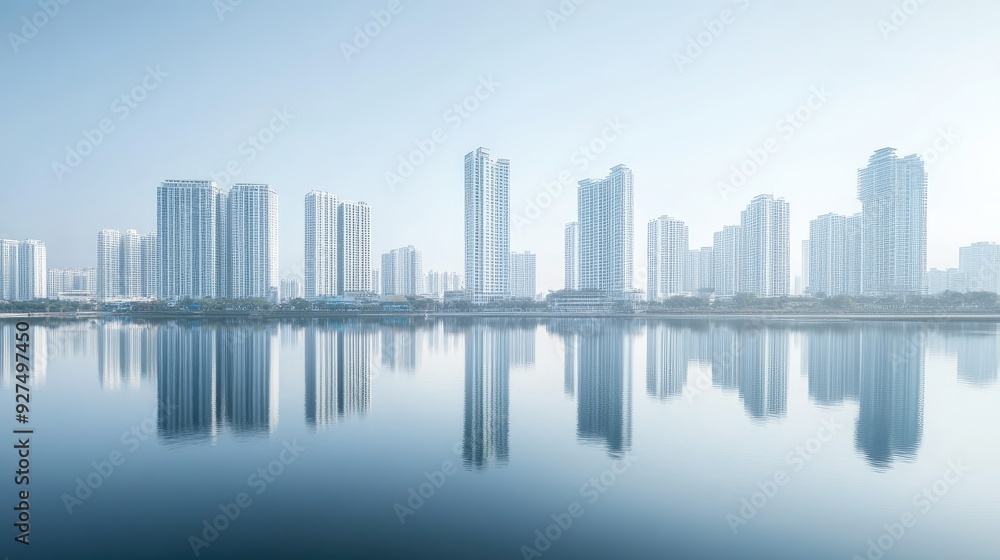 A panoramic view of a city with skyscrapers and smaller buildings along a wide river, their reflections creating a symmetrical effect in the water. The sky is clear and expansive.