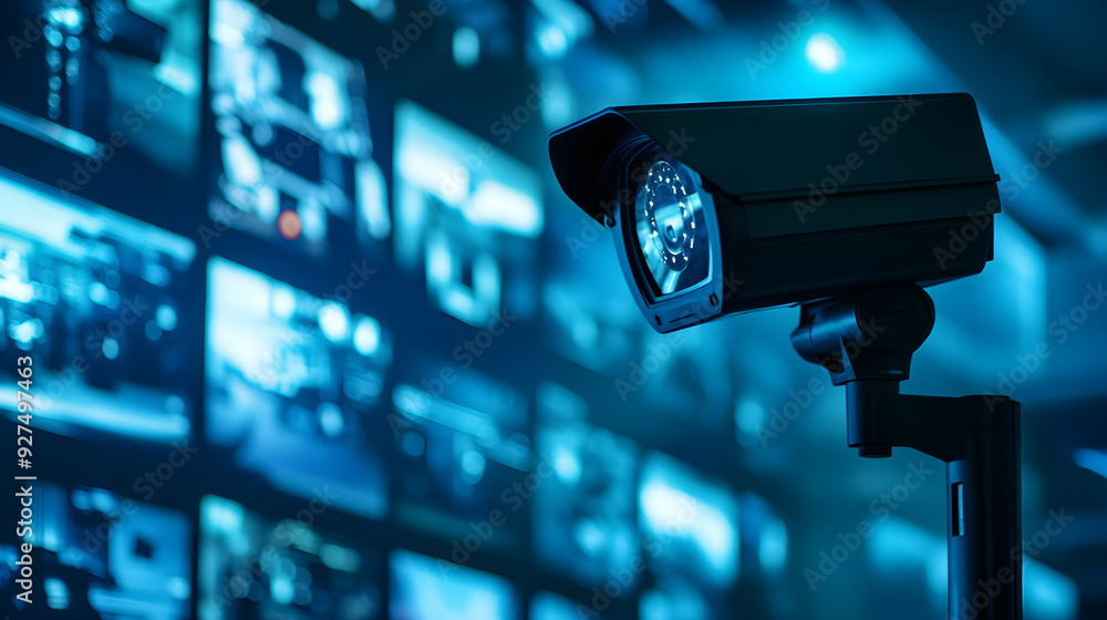 A close-up of a security camera in a surveillance room, with multiple video feeds on screens in the background, capturing a high-tech and secure environment. A close-up of a security camera in a surveillance room, with multiple video feeds on screens in the background, capturing a high-tech and secure environment.