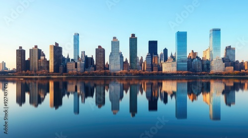 A panoramic view of a city with skyscrapers and smaller buildings along a wide river, their reflections creating a symmetrical effect in the water. The sky is clear and expansive.