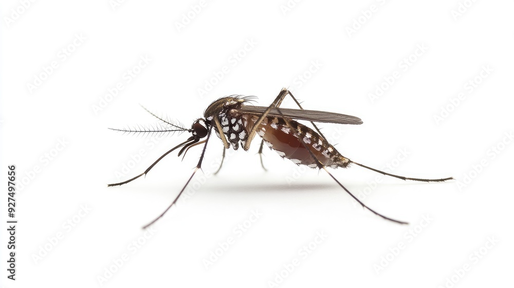 A single Aedes mosquito resting on a plain white background, showcasing its fine details, including its proboscis and wing veins, against the clean, uncluttered setting. A single Aedes mosquito resting on a plain white background, showcasing its fine details, including its proboscis and wing veins, against the clean, uncluttered setting.