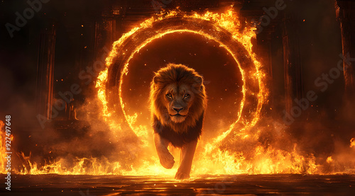 A majestic lion emerging through a fiery portal, exuding power and dominance in a breathtaking display of strength and beauty. photo