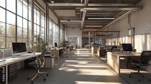 A modern office space with rows of desks and computers, large windows providing natural light, and an industrial-style ceiling with exposed ductwork.