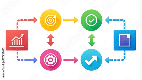 Colorful diagram illustrating a step-by-step process with bright arrows and icons guiding the user through a series of tasks or stages towards a goal.