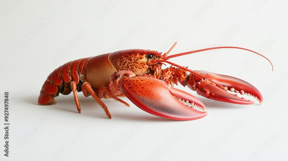 A single large lobster, positioned on a clean white background, showcasing its intricate shell patterns and distinctive red color, perfect for a minimalist seafood concept. A single large lobster, positioned on a clean white background, showcasing its intricate shell patterns and distinctive red color, perfect for a minimalist seafood concept.
