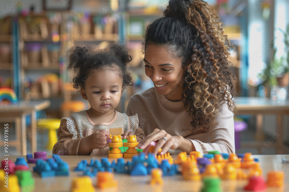 Teacher and toddler playing with maths puzzle game sitting on the table at kindergarten. Teacher and toddler playing with maths puzzle game sitting on the table at kindergarten.