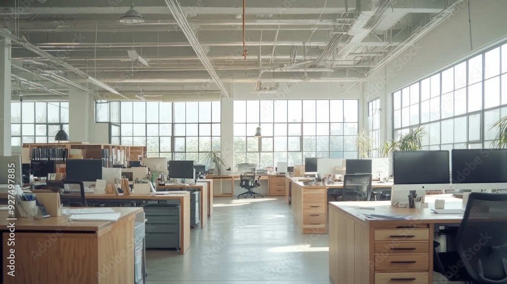 Modern open-plan office with rows of desks, computers, and office chairs, featuring large windows and natural light in a corporate business setting. Modern open-plan office with rows of desks, computers, and office chairs, featuring large windows and natural light in a corporate business setting.