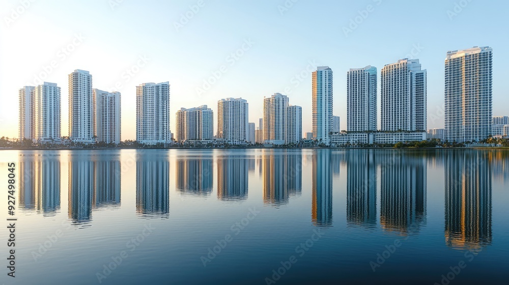 A stunning view of alternating tall and short buildings along a riverside, reflected perfectly in the water. The clear sky above adds depth and brightness to the image. A stunning view of alternating tall and short buildings along a riverside, reflected perfectly in the water. The clear sky above adds depth and brightness to the image.